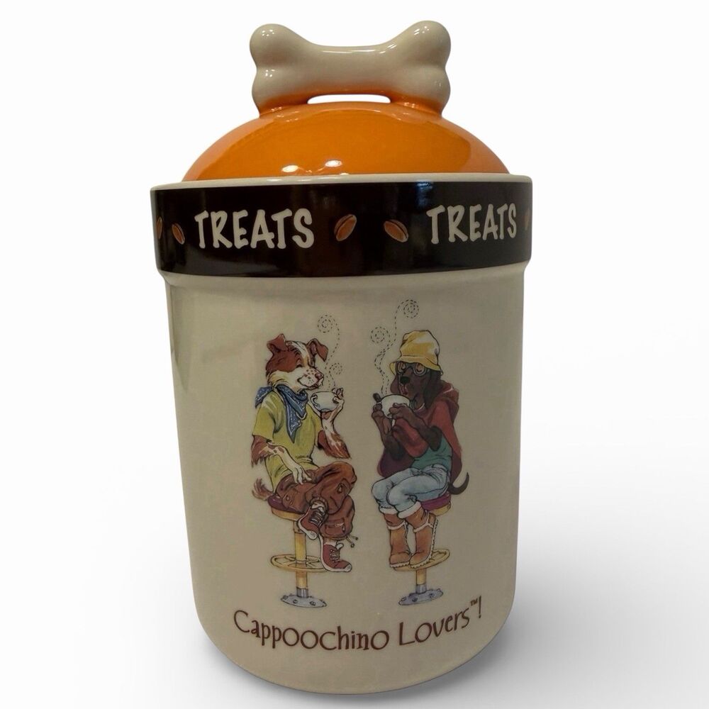 Coffee Kitchen Canister Ceramic Dog Treat Jar Cappuccino Dogs Bone Lid